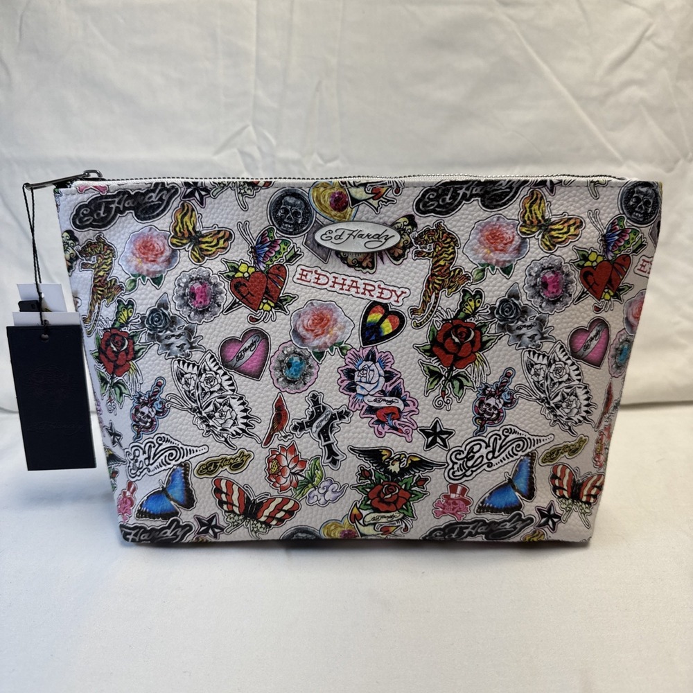 Ed Hardy Large Cosmetic Makeup Pouch Tattoo Sticker Print NWT
